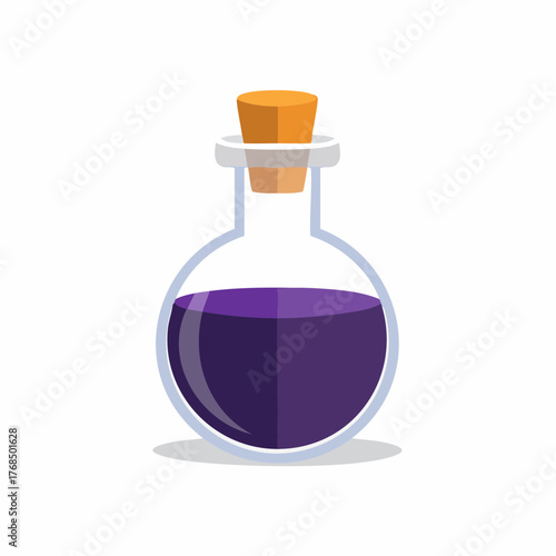 Flat vector icon of a magical purple potion in a round glass flask with a cork stopper