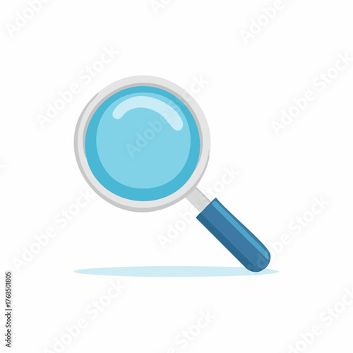 Simple flat design illustration of a blue magnifying glass with a light blue lens