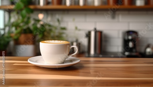 Wallpaper Mural A cozy coffee cup sits on a wooden table, surrounded by greenery and kitchen appliances, creating a warm and inviting atmosphere. Torontodigital.ca