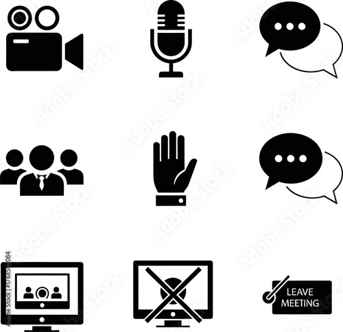 Video conferencing icon set featuring camera, microphone, chat, participants, and leave meeting symbols. Ideal for remote work apps, virtual events, and communication design
