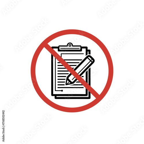 Prohibition of writing or note-taking on a clipboard with a pencil, no entries allowed on document, conceptual symbol of restriction and prohibition