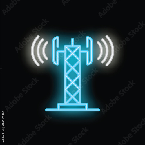 Blue neon icon of a telecommunication tower transmitting radio waves on a black background