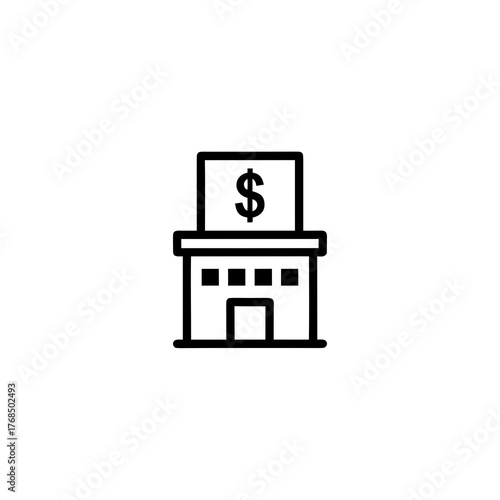 Financial institution building icon, representing banking, finance, and economic services, with a dollar sign on top for monetary transactions and wealth
