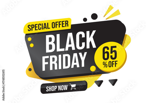 Black Friday special offer banner with shop now button and 65 percent discount. Shopping concept