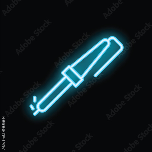 Blue neon icon of a soldering iron glowing on a black background