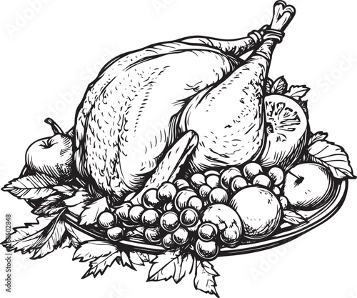 A roasted turkey on a platter with fruits and vegetables.