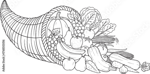 A cornucopia filled with various fruits and vegetables, including pumpkins, grapes, apples, and carrots, set vector illustration