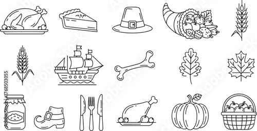 A turkey, pie, pilgrim hat, cornucopia, wheat, maple leaf, and pumpkin on a white background.