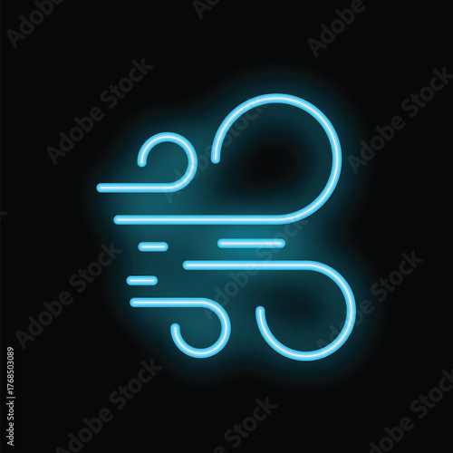 Neon blue wind blowing icon glowing on black background