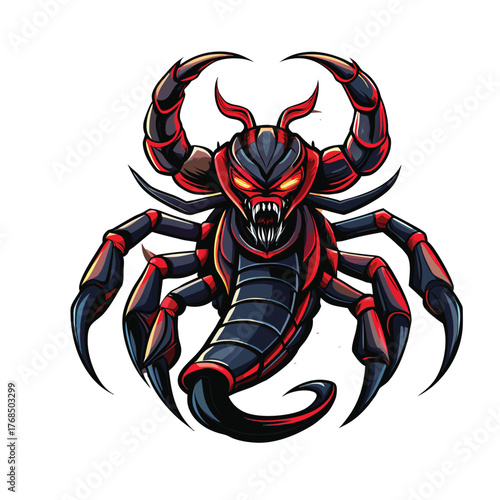 An exhilarating and formidable illustration featuring a powerful scorpion in a dynamic action packed composition with bold colors and sharp details