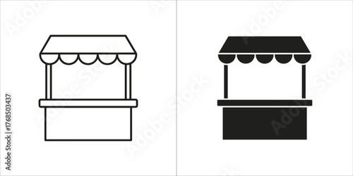 Two simple outline and solid black icons of a market stall, one in white and one in black