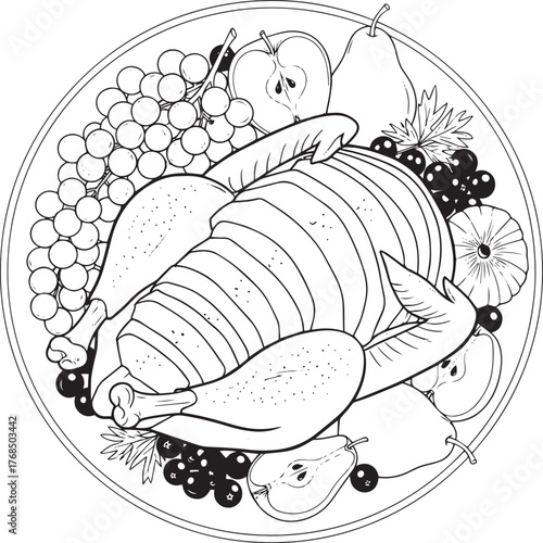 A roasted turkey on a plate with fruits and vegetables.