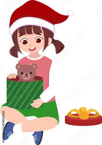 Adorable girl wearing a Santa hat opening a Christmas present and finding a Toy, Heartwarming festive vector illustration for Christmas greeting cards, decorations, and joyful holiday scenes.
