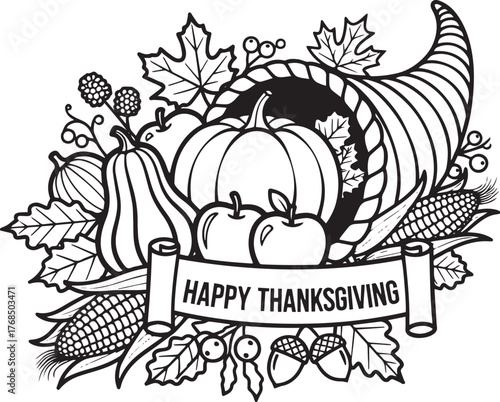 A cornucopia filled with pumpkins, apples, and other autumn fruits and vegetables.