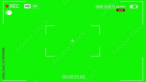 One Minute Digital Camera Viewfinder Overlay: Blank REC Screen Animation with Countdown Timer on Green Screen for Chroma Keying.