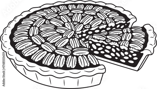 A delicious pecan pie with a slice taken out, set vector illustration