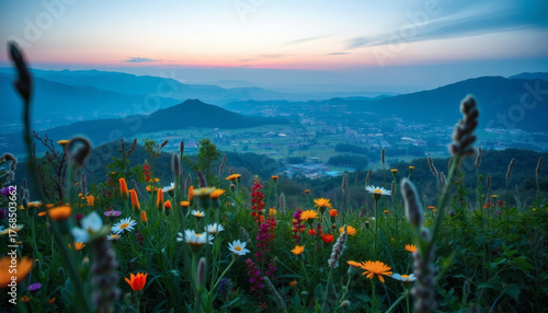 A vibrant meadow of wildflowers in the foreground overlooks a valley and distant mountains under a colorful twilight sky.