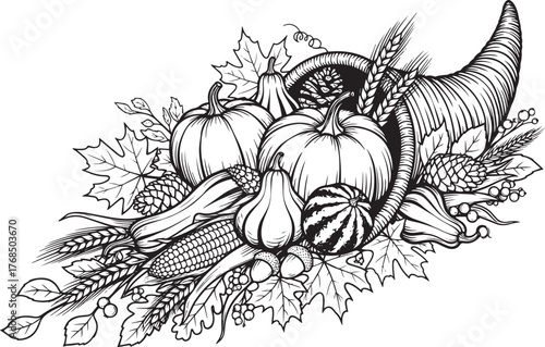 A cornucopia filled with pumpkins, gourds, and other autumnal fruits and vegetables.