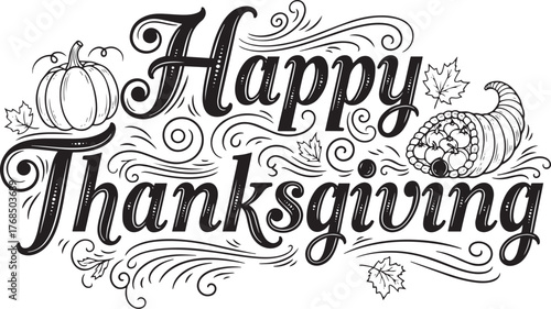 Hand-drawn lettering with a cornucopia and pumpkins, set vector illustration