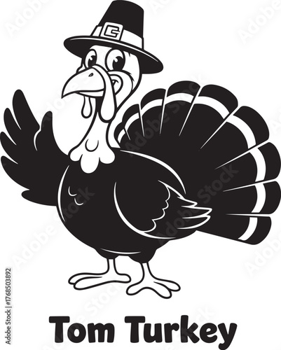 A black and white illustration of a turkey wearing a pilgrim hat, standing with its wings spread and a welcoming gesture.