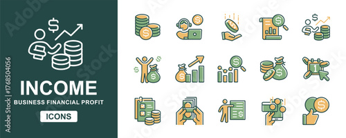 Financial income icon line set. Business success profit, salary, payment, growth, economy, earning dollar bag, wealth, investment signs vector outline illustration
