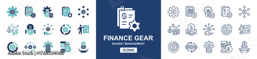 Finance management gear icon line set. Business money accounting strategy, planning, setting, analysis, target, budget, cog wheel, money contract signs vector illustration