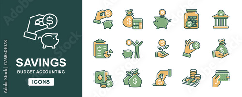 budget savings icon line set. business finance budgeting and money dollar piggy bank savings income accounting investment signs vector illustration