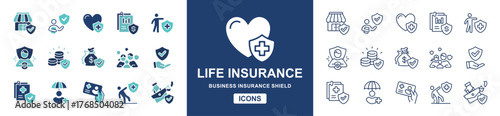 health life insurance icon line set people safety care shield assurance business accident help service guard vector signs illustration