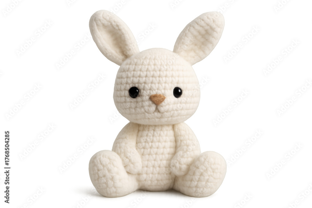 Obraz premium White crochet bunny toy sitting, featuring handmade amigurumi technique for children's play and craft projects. Transparent background