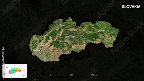 Photography 4K Slovakia Border Land Map, High Resolution Satellite View with Province Lines