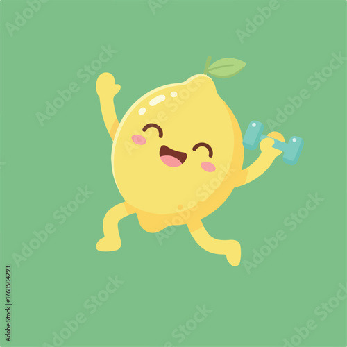 This cartoon image shows a cheerful yellow lemon character happily exercising with a blue dumbbell against a soft green background.