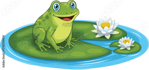 Foto Cartoon frog sitting on lily pad with water lilies, cheerful pond scene vector i