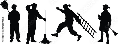 Worker silhouette, cleaning pose, maintenance action, broom illustration, ladder carrier, feather duster, vector graphic, black design, hygiene concept, labor sceneWorker silhouette, 