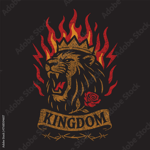 Kingdom T-shirt design, A fierce lion head engulfed in flames, wearing a crown vector illustration.