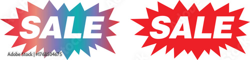 Two sale signs, one with a gradient of red, blue, and purple, and the other solid red