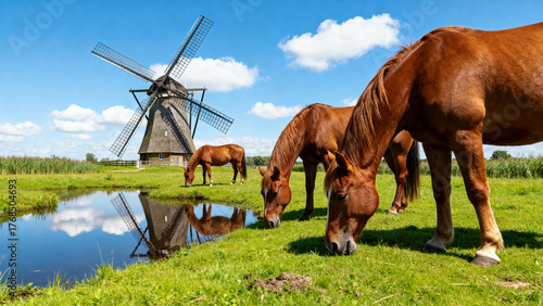 Horses Grazing by Windmill