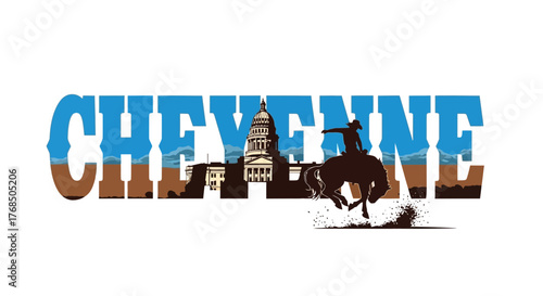 Cheyenne Wyoming Rodeo Capitol Building Cowboy Silhouette Text Graphic