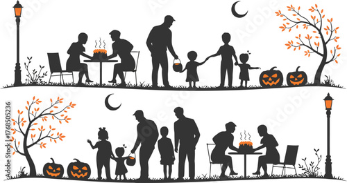 Family silhouettes enjoying autumn evening with pumpkins and streetlights