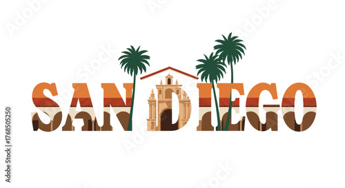 San Diego California Text Art with Palm Trees and Mission Building