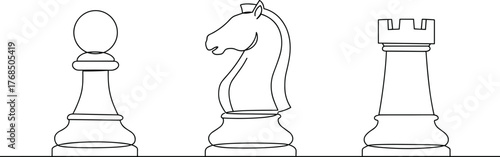 Chess piece illustration with pawn, knight, and rook in black outline, strategic board game vector design, minimal and educational concept