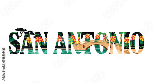 San Antonio Texas Riverwalk Vibrant Typographic Illustration