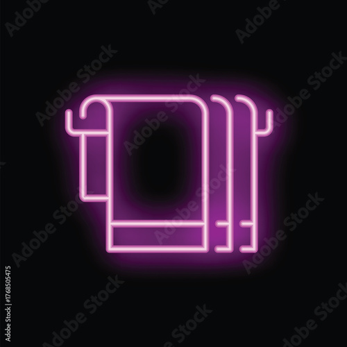 Bright pink neon sign showing clean towels hanging on rack on black background