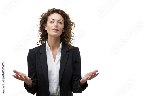 Businesswoman gesturing and explaining with confidence isolated