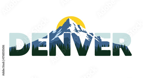 Denver text art with mountain landscape and sun