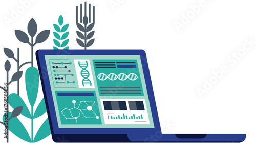 Laptop with DNA data analysis in agricultural bioinformatics illustration