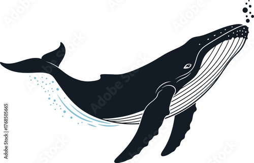 Majestic humpback whale breaching and spouting water bubbles in the ocean depths flat design vector illustration isolated on transparent background