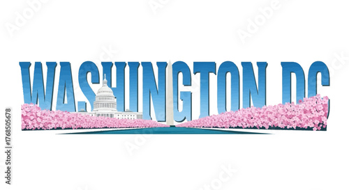 Washington DC Landmark Typography with Cherry Blossoms