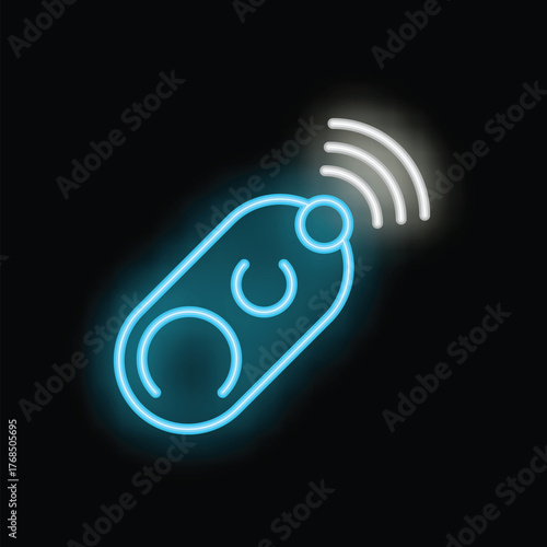 Neon icon of car key fob transmitting signal on black background
