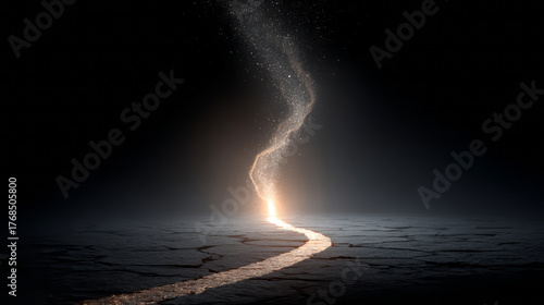 Powerful abstract tornado of light and smoke swirling with magical energy on dark mysterious background. Intense and dramatic feeling
