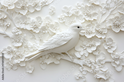 White Bas-relief with a bird